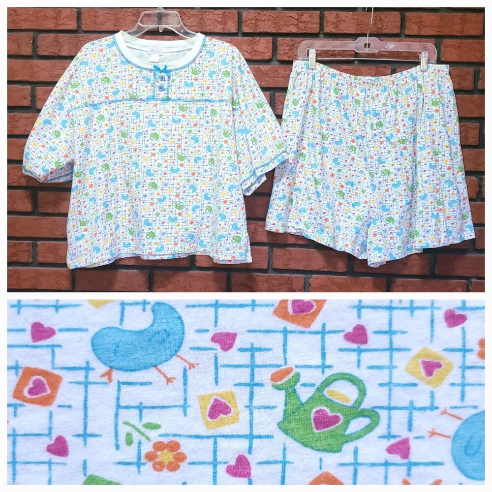 Bernette 100% Cotton Pajama Set 2X Shorts Top Birds Hearts Cottage Grandmacore